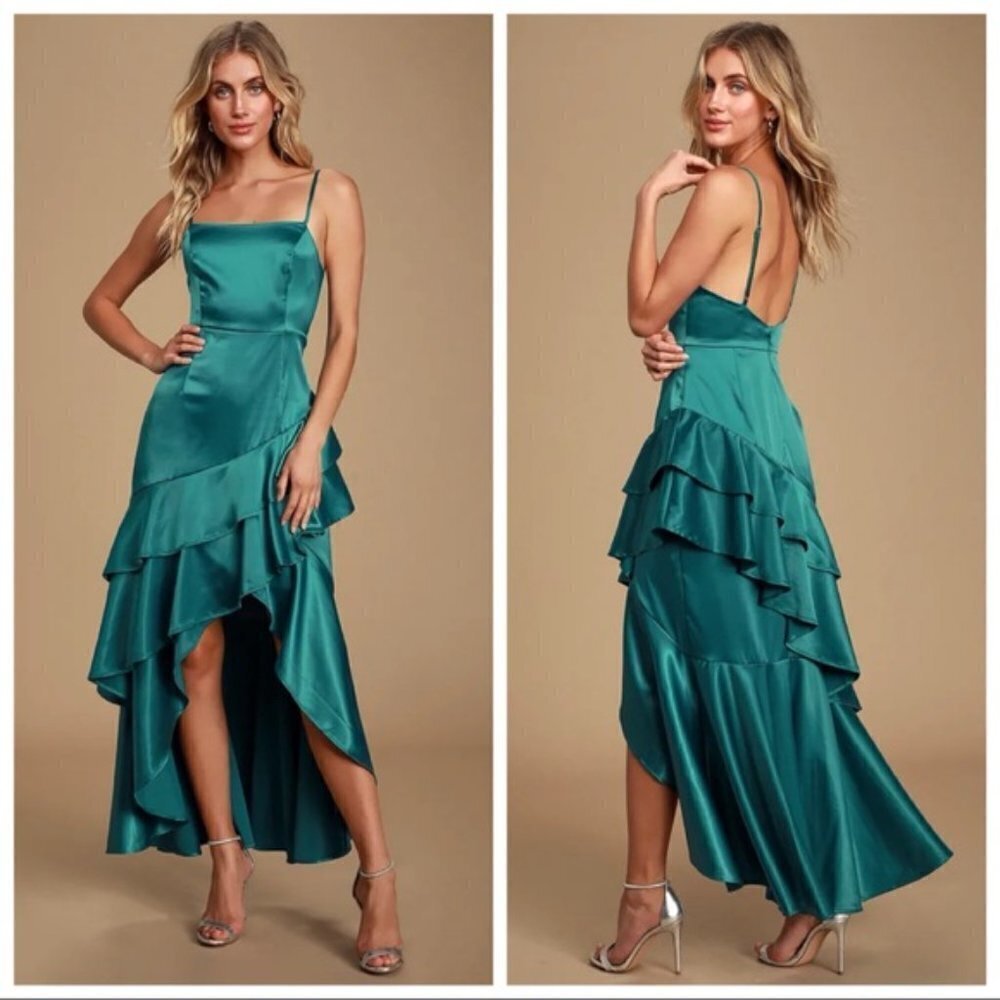 Lulus Yori Teal Green Satin Ruffled‎ High-Low Maxi Dress